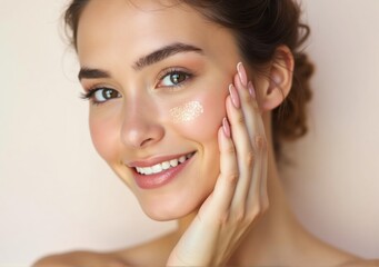 calm, glowing portrait of a young woman with natural makeup, applying skincare products against a pastel-colored background