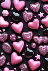 Fototapeta premium Pink And Black Glass Beads and Heart Shaped Gems Background