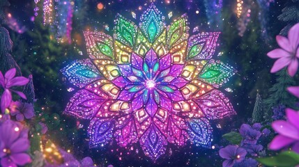 Vibrant jeweled mandala surrounded by flowers.