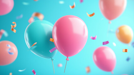 Colorful balloons float against bright blue background, surrounded by festive confetti. This vibrant scene captures joy and excitement of celebrations