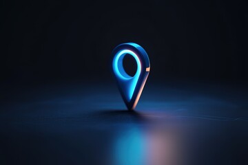 Glowing neon location marker on dark background.  Modern, abstract design element.