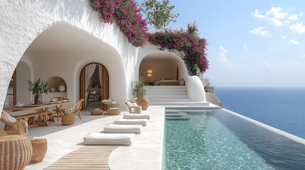 Fototapeta premium Villa de style mykonien luxueuse avec architecture cycladique traditionnelle