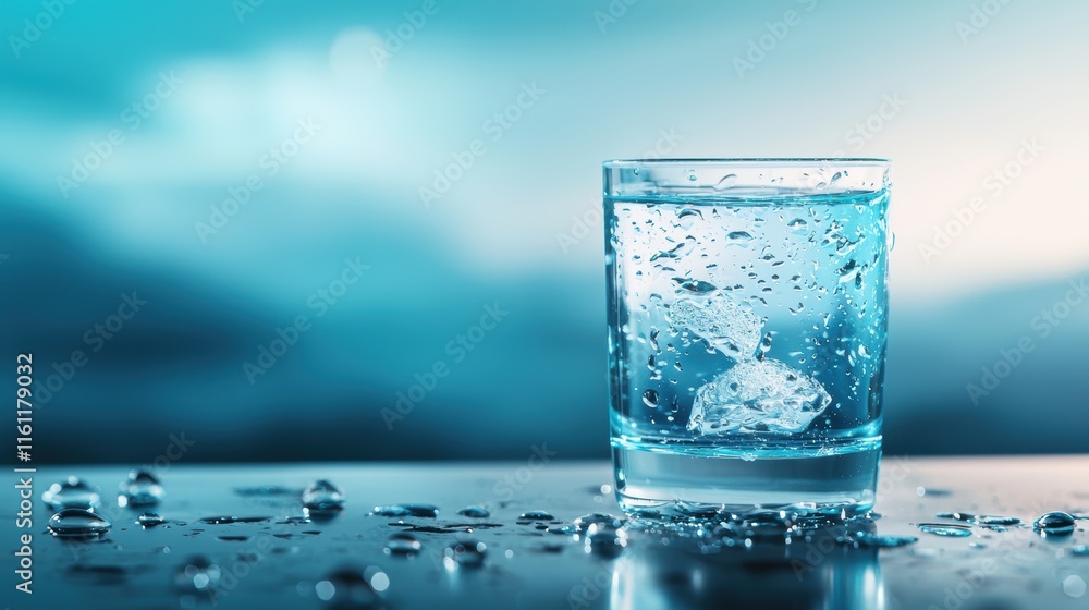 Poster a glass of water with condensation on its surface, reflecting light and creating a refreshing and th