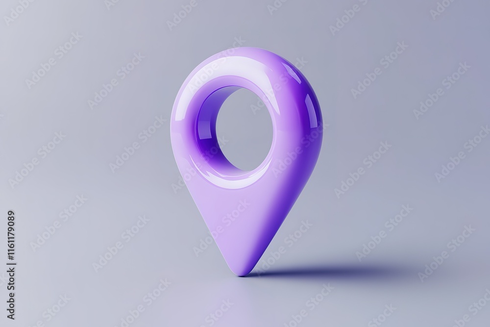 Poster purple 3d location marker icon. shiny, glossy texture. modern design element for maps, navigation, o