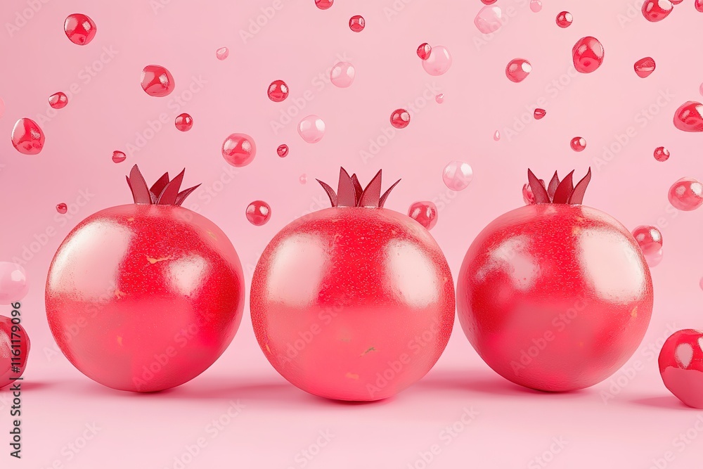 Poster three glossy red pomegranates on a pink background with floating bubbles.
