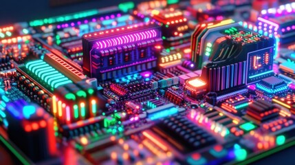 Obraz premium Vibrant neon-lit circuit board close-up.