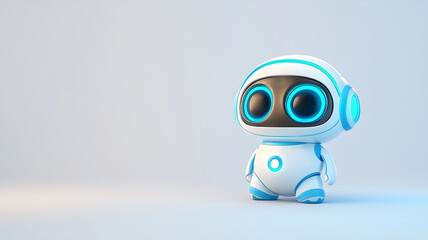 Cute robot character with glowing blue accents, standing on light background, showcasing friendly and futuristic design