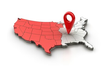 Location marker on a 3D map of the United States, highlighting a specific region.