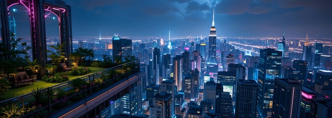Fototapeta premium Rooftop Garden with City Skyline View at Dusk