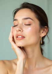 Naklejka premium serene image of a woman with glowing skin, minimal makeup, gently applying skincare in a pastel-themed beauty space