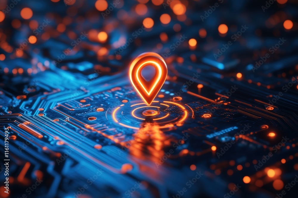 Poster glowing location pin on a circuit board, representing digital location tracking or gps technology.