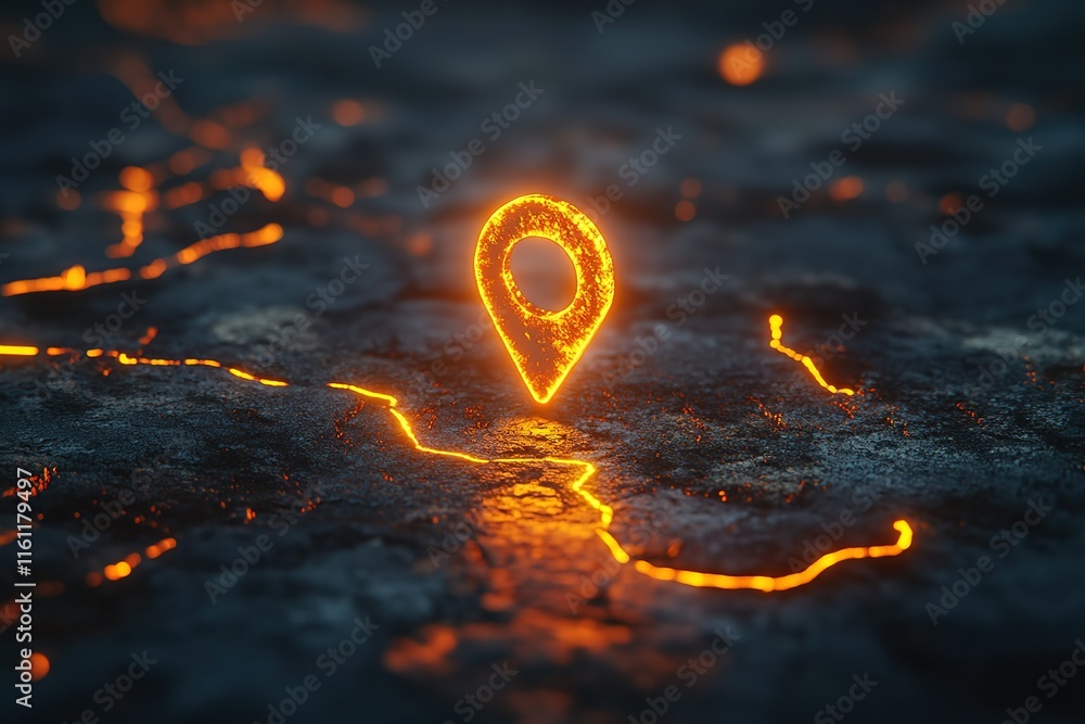 Poster glowing location marker on a fiery, textured surface. abstract concept of finding a place or destina