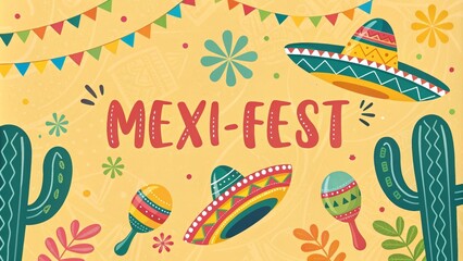 Colorful mexican fiesta with sombreros and cacti on vibrant yellow background
