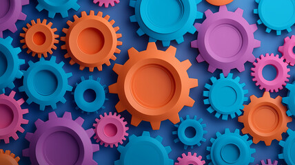 Colorful gears in various sizes and shapes create vibrant background. combination of orange, purple, and blue adds playful touch to mechanical theme, perfect for design projects