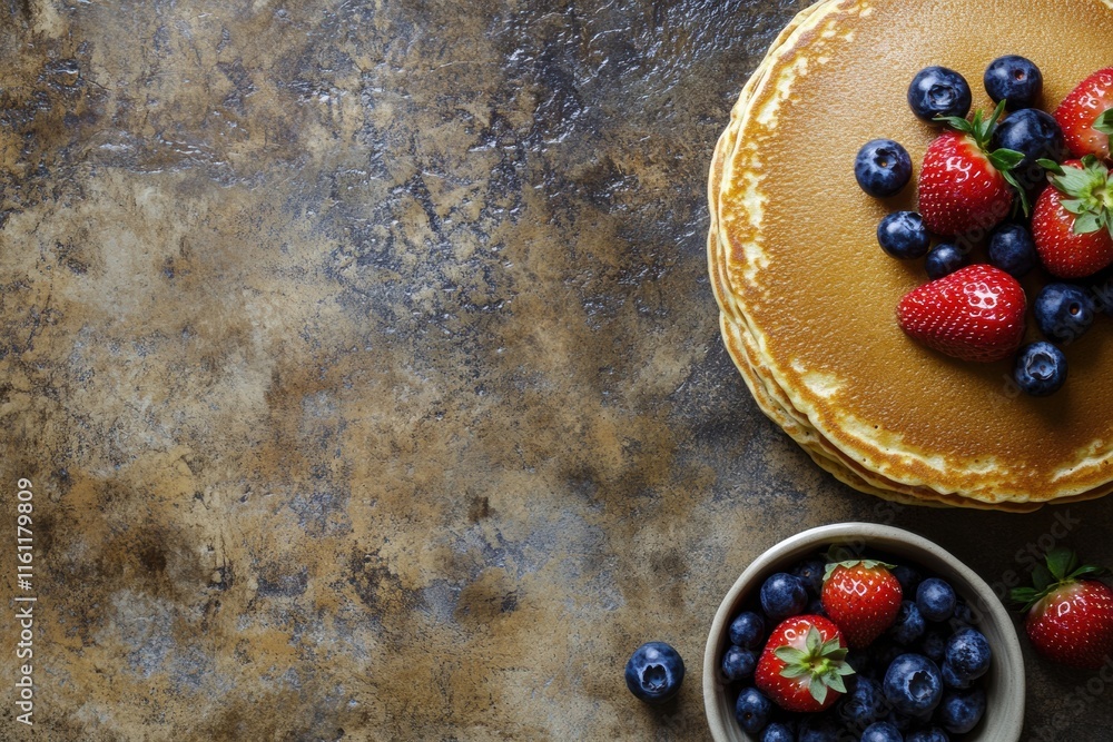 Leinwandbilder delicious stack of golden pancakes topped with fresh strawberries and blueberries on rustic backgrou
