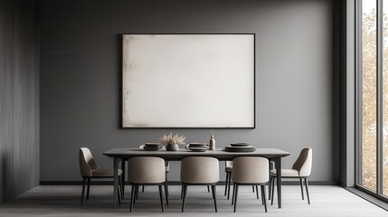 Contemporary dining area with abstract art and minimalist decor, artistic dining, modern aesthetic