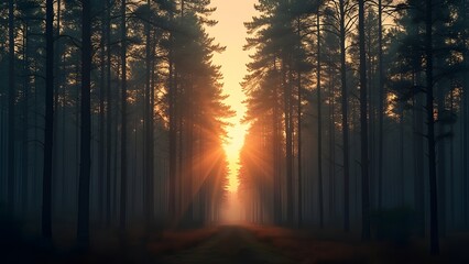 Serene Dusk Forest, Reverse Perspective View of Silhouetted Trees and Golden Sunset Rays