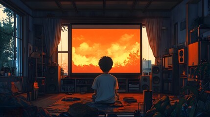 Lofi anime style illustration of A young boy sits in his room, captivated by a large screen displaying a vibrant sunset. The scene evokes feelings of tranquility and peace.