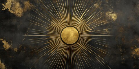 A striking abstract design showcases a golden sun at the center, surrounded by expansive rays on a textured, dark backdrop, creating a dramatic effect
