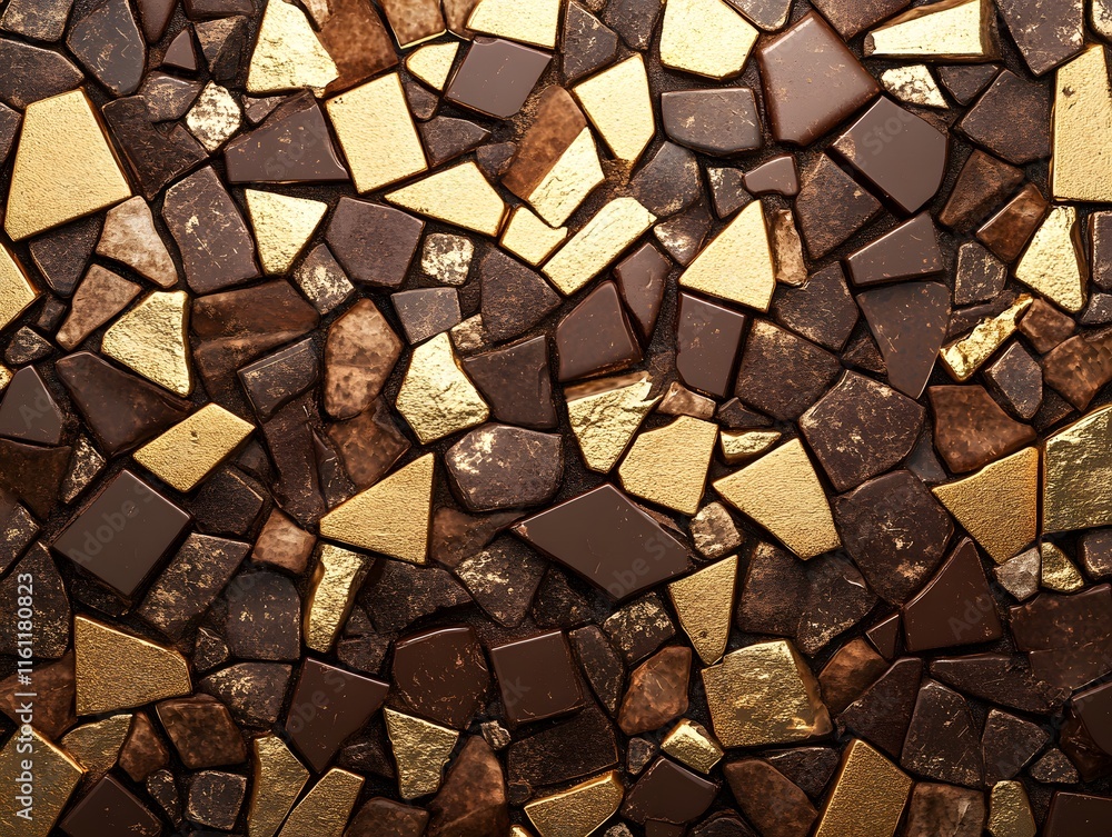 Poster a close-up view of a decorative mosaic pattern featuring an array of brown and golden tiles, showcas