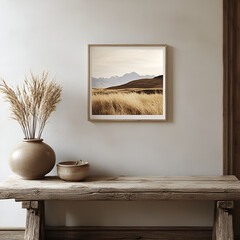  A framed photograph showcasing majestic mountains behind a rustic wooden bench,