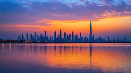 Fototapeta premium Vibrant sunset over a city skyline reflected in calm water.