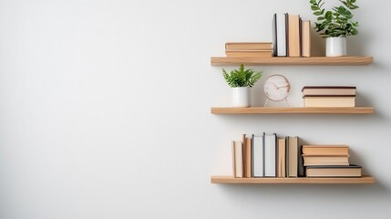 Floating shelves with neatly arranged books and decor in a minimalist living room, clean lines, modern storage solutions