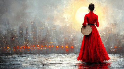 Woman in a red dress holding a drum, facing an urban landscape at sunset with diffuse lights. Generated with AI.