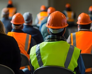 A group of workers in safety gear attentively listening during a training session