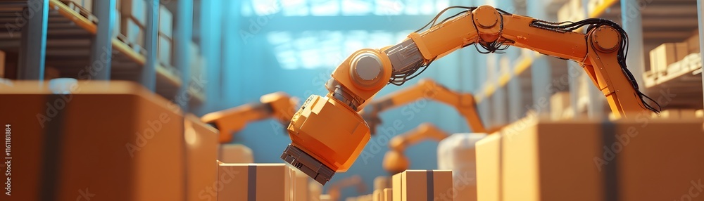 Poster a robotic arm efficiently handles boxes in a modern warehouse. the scene showcases advanced automati