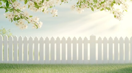 White Picket Fence with Blooming Branches and Spring Grass