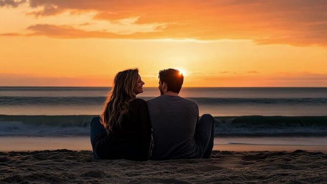 Romantic valentines day couple enjoying suset beach waves date romance