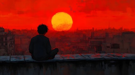 Fototapeta premium Lofi anime style illustration of A lone figure sits on a rooftop, silhouetted against a vibrant red sunset over a sprawling cityscape. A moment of quiet contemplation.