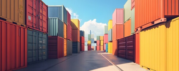 Fototapeta premium A vibrant scene of stacked shipping containers lining a wide alley under a clear blue sky, showcasing the dynamic logistics of global trade and transport.