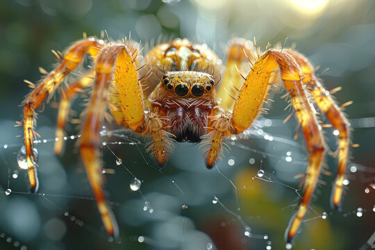 close-up of the spider with vivid details. The spider is visible on the web, on which drops of dew or rain can also be seen, giving the scene additional shine and atmosphere. 