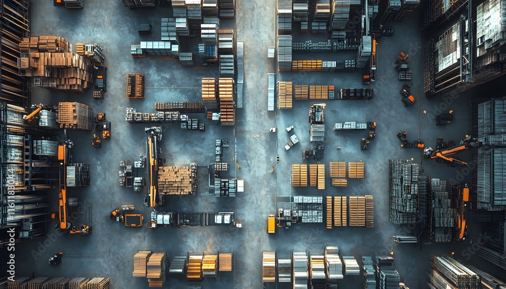 Poster an aerial view of a busy industrial warehouse filled with rows of neatly stacked containers and pall