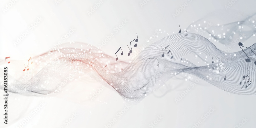 Poster soft waves intertwine with musical notes, creating a tranquil atmosphere that inspires creativity an