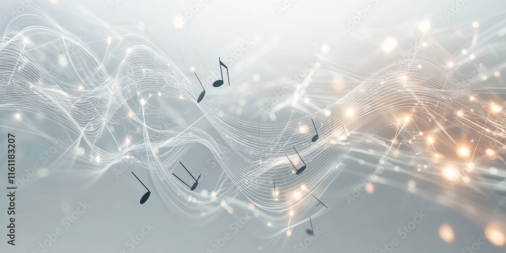 Poster music notes gracefully dance through a gentle light pattern against a soft background, creating an e
