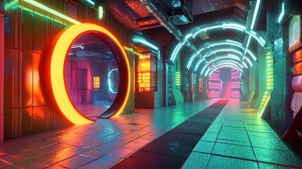 A futuristic and vibrant corridor featuring glowing neon lights in various colors, with an orange circular arch serving as a focal point. The corridor’s walls display metallic panels and intricate pip