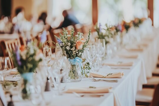 Elegant wedding reception table setting with floral arrangements.