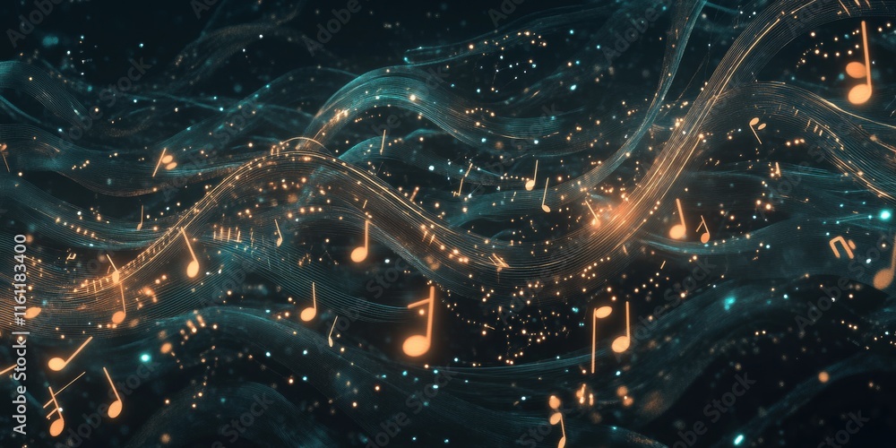 Poster ethereal music notes float through a dark backdrop, creating a dynamic, vibrant ambiance with sparkl
