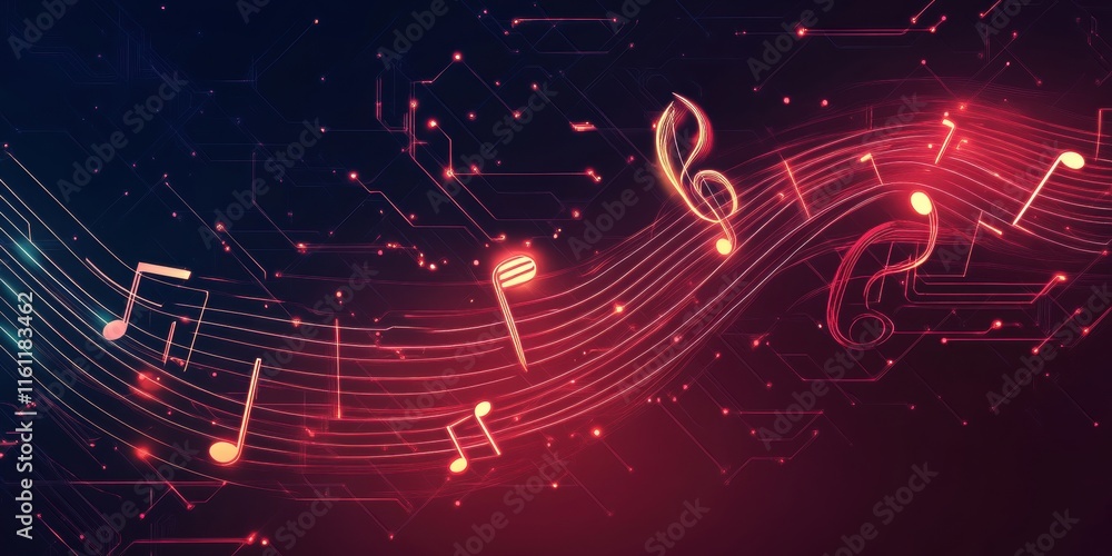 Poster colorful music notes flow rhythmically against a dark background, illuminated by bright lights, crea