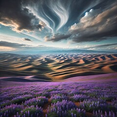 Fototapeta premium Wysteria Wastes A vast barren landscape with rolling hills of pu
