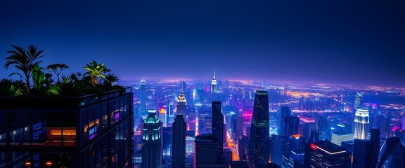 Obraz premium Luxurious Rooftop Garden with City Skyline View at Night