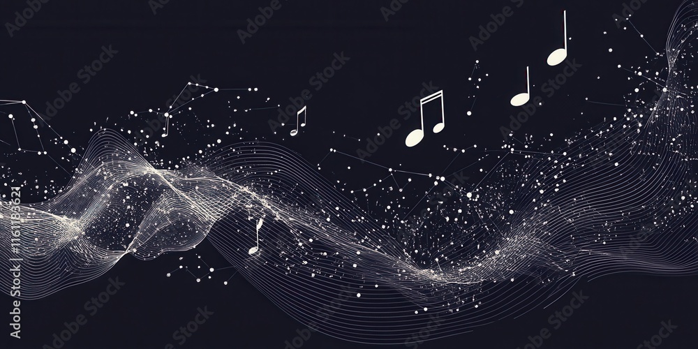 Poster abstract visualization showcases music notes intertwined with cosmic elements, creating a harmonious