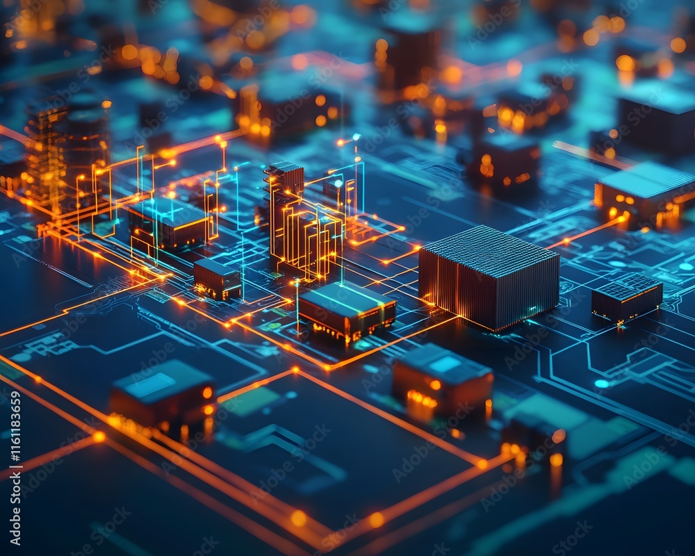Poster close-up view of a vibrant circuit board showcasing intricate connections and glowing components, sy