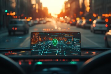 Modern car navigation system displaying a city map during sunset.