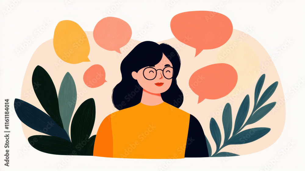 Poster narcissistic, a person surrounded by colorful speech bubbles, conveying communication and expression