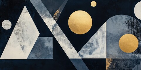 Bold geometric shapes and gold circles intersect in a striking abstract art piece, showcasing a vibrant interplay of light and dark tones