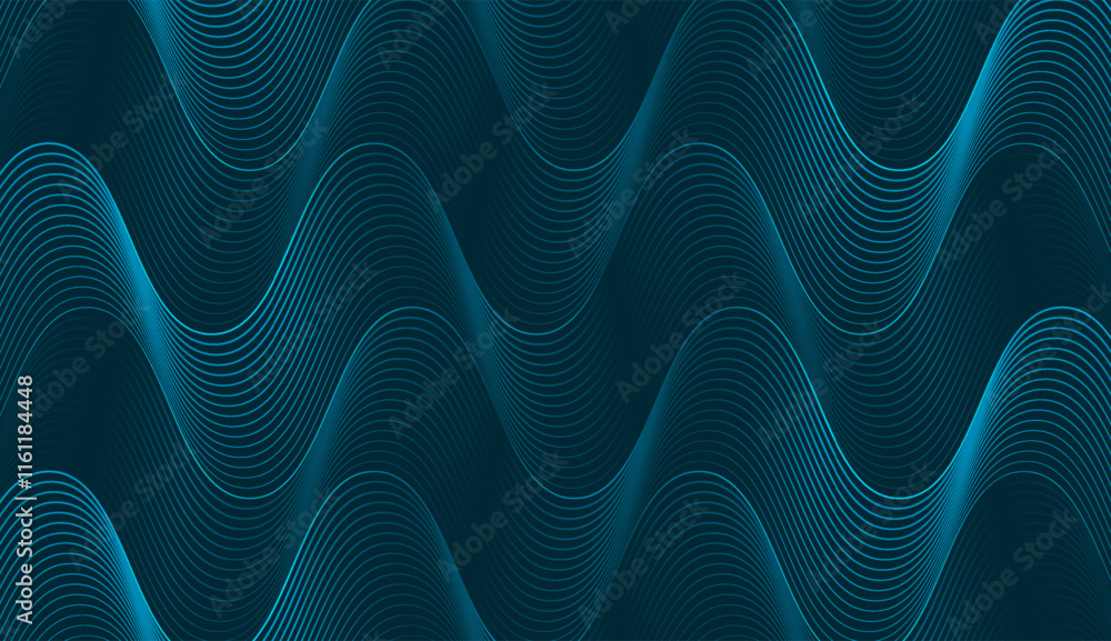 Poster Blue shiny wavy lines abstract futuristic tech background. Vector minimal geometric waves design